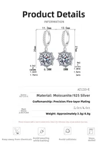 Detailed size chart for S925 sterling silver moissanite earrings showing 2ct and 4ct specs