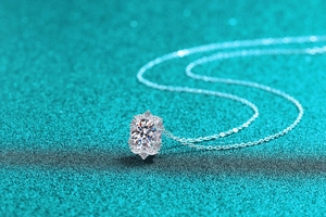 Vista macro del pendente in moissanite ovale in argento S925 con incastonatura a alone