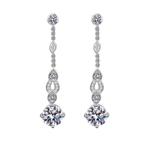 S925 sterling silver moissanite drop earrings with long tassels and pear cut stones