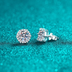 Elegant S925 sterling silver moissanite stud earrings with classic six-prong halo setting