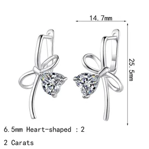 S925 sterling silver bow earrings with heart-shaped 2 carat moissanite stones