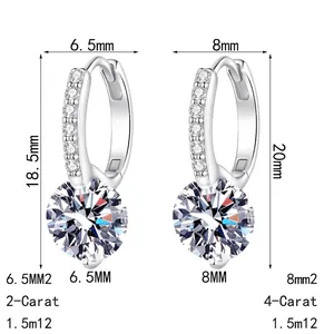 Boucles d'oreilles créoles en argent S925 avec moissanite ronde de 2ct et 4ct brillants