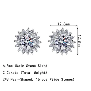 Elegant S925 sterling silver sunflower moissanite earrings with 2 carat center stone