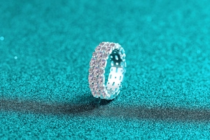Makroaufnahme des S925 Silber Eternity Rings mit runden und Baguette Moissanit Steinen