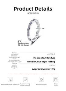 Detailed specs of S925 silver moissanite ring with 1.8ct rectangular cut stones