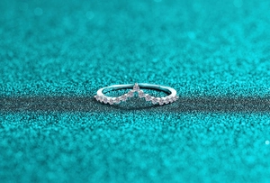 Macro shot of V-shaped sterling silver chevron ring featuring rows of white moissanite