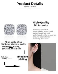 Detailed view of square moissanite earrings showing multi-layer plating and luxury finish