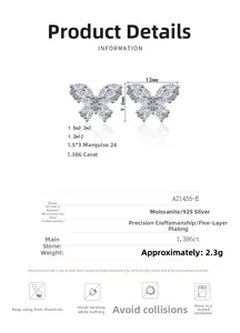 Macro detail of S925 butterfly earrings with moissanite marquise stones and size specs