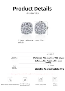 Detailed technical drawing of 925 silver square moissanite earrings with precise dimensions