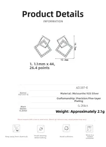 Scheda tecnica dettagliata per orecchini geometrici in argento 925 e moissanite con misure