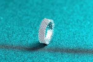 Detail of S925 silver eternity ring with channel-set baguette and round moissanite