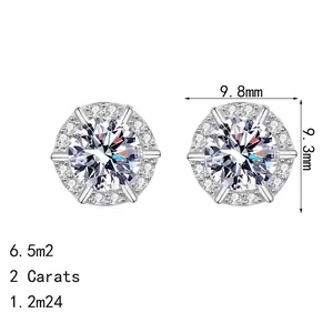 Elegant S925 sterling silver 2ct moissanite halo stud earrings with 9.8mm diameter