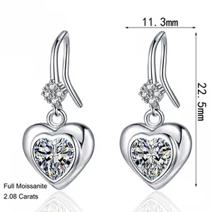 S925 sterling silver heart-shaped moissanite earrings with 2.08 carats total weight