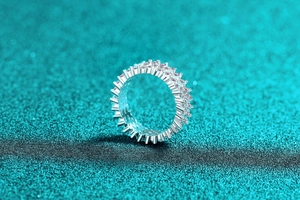 Close-up of S925 sterling silver eternity ring with channel-set moissanite stones