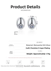 Detail view of 925 silver moissanite stud earring with 7.7mm x 5.6mm size dimensions