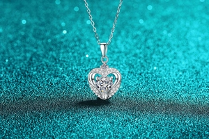 Detailed view of S925 sterling silver heart pendant necklace with moissanite center stone