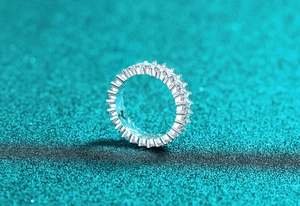 Macro side view of S925 sterling silver eternity ring with baguette-cut moissanite stones
