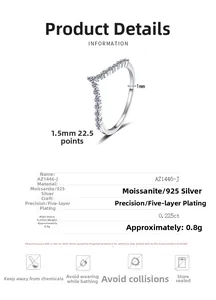 Detailed specs of V-shaped S925 silver moissanite ring with 0.225ct stone and 5-layer plating