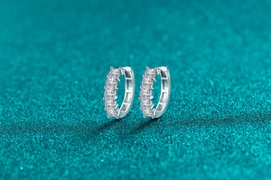Detail of S925 sterling silver hoop earrings with five channel-set square moissanite stones