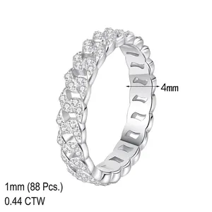 Bague chaîne cubaine 4mm en argent S925 avec 88 moissanites de 1mm en serti pavé