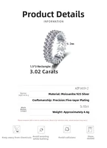 Detailed specs of S925 silver moissanite ring showing 3.02ct stone and 6.2mm band width