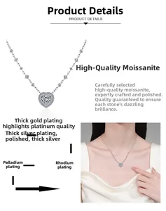Détail macro du collier cœur halo en moissanite avec placage rhodium multicouche