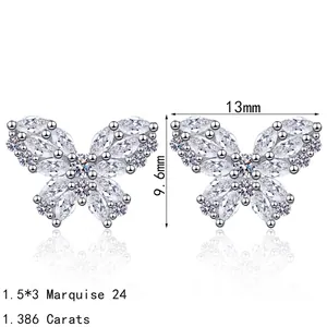 Elegant 925 sterling silver butterfly stud earrings with marquise moissanite 13x9.6mm