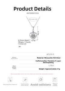 Macro detail of S925 silver heart necklace with 1ct moissanite pendant and measurements