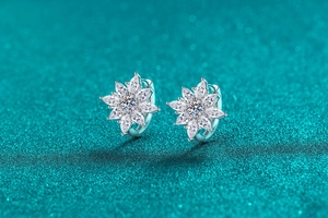 Detailed shot of S925 silver flower stud earrings with marquise moissanite stones
