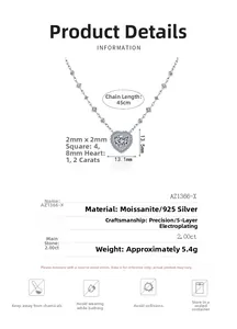 Tableau des tailles détaillé pour le collier cœur en argent 925 avec moissanite 2,0ct