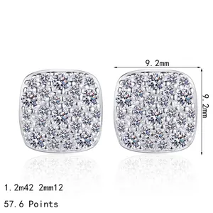 Elegant 925 sterling silver square moissanite stud earrings with a 9.2mm size