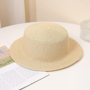 Sombrero de paja de trigo natural beige hecho a mano de copa plana para fiestas y verano