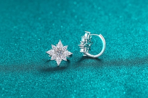 Detailed view of S925 sterling silver snowflake earrings with marquise-cut moissanite
