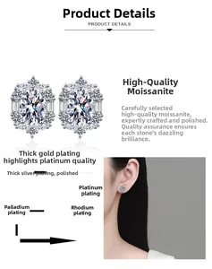 Detail view of oval moissanite stud earrings featuring high-polish finish and luxury plating