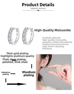 Detail view of S925 sterling silver geometric hoop earrings with moissanite stones