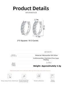 Detailed size specifications for S925 silver moissanite square hoop earrings