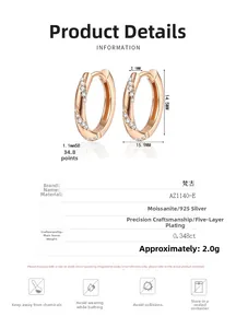 Macro detail of rose gold 925 silver moissanite hoop earrings with dimensions 15.9mm x 14.5mm