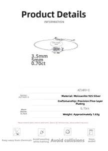 Detail view of S925 sterling silver bracelet showing 0.70ct moissanite setting and specs