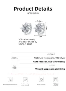 Detailed specs of 925 silver moissanite snowflake earrings with 1ct stone parameters