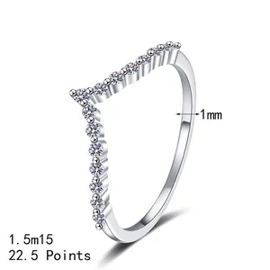 Elegant V-shaped S925 sterling silver ring with moissanite row and 1mm thin band