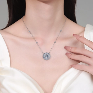 Luxurious S925 silver moissanite necklace with sunflower halo pendant on model