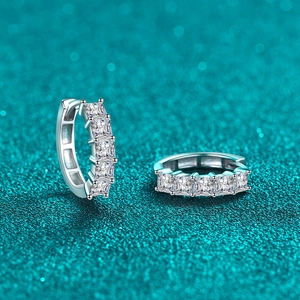 S925 sterling silver hoop earrings with five princess cut moissanite stones in 4-prong setting