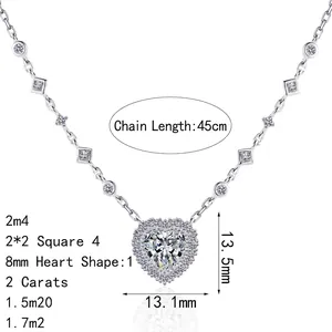 Collier cœur en argent sterling S925 avec pendentif moissanite 2ct et chaîne 45cm