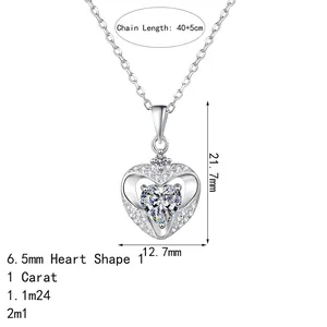 S925 sterling silver heart necklace with 1ct moissanite pendant and dimensions