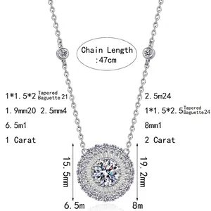 S925 sterling silver moissanite sunflower necklace featuring 1ct and 2ct pendant size comparison