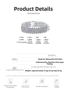 Size chart for 925 sterling silver moissanite bracelet with weight and carat specifications