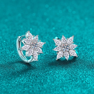 Elegant S925 sterling silver flower earrings with sparkling moissanite on a teal background