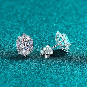 Elegant 925 sterling silver oval moissanite stud earrings with flower cluster halo design