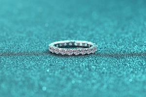 Macro side view of S925 sterling silver eternity ring with sparkling full pavé stones