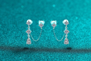 Macro view of S925 sterling silver double piercing earrings with dangling pear-cut stones
